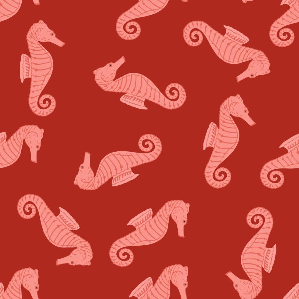 Seamless random pattern with pink colored seahorse doodle ornament. Bright red background. Nature print. vector