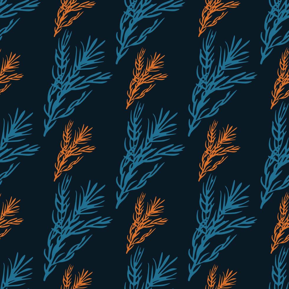 Contrast creative seamless food spicy pattern with orange and blue rosemary branches on black background. vector