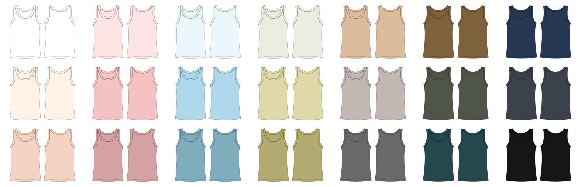 Set of sleeveless tank top technical sketch. Children girl outline t shirt underwear collection vector