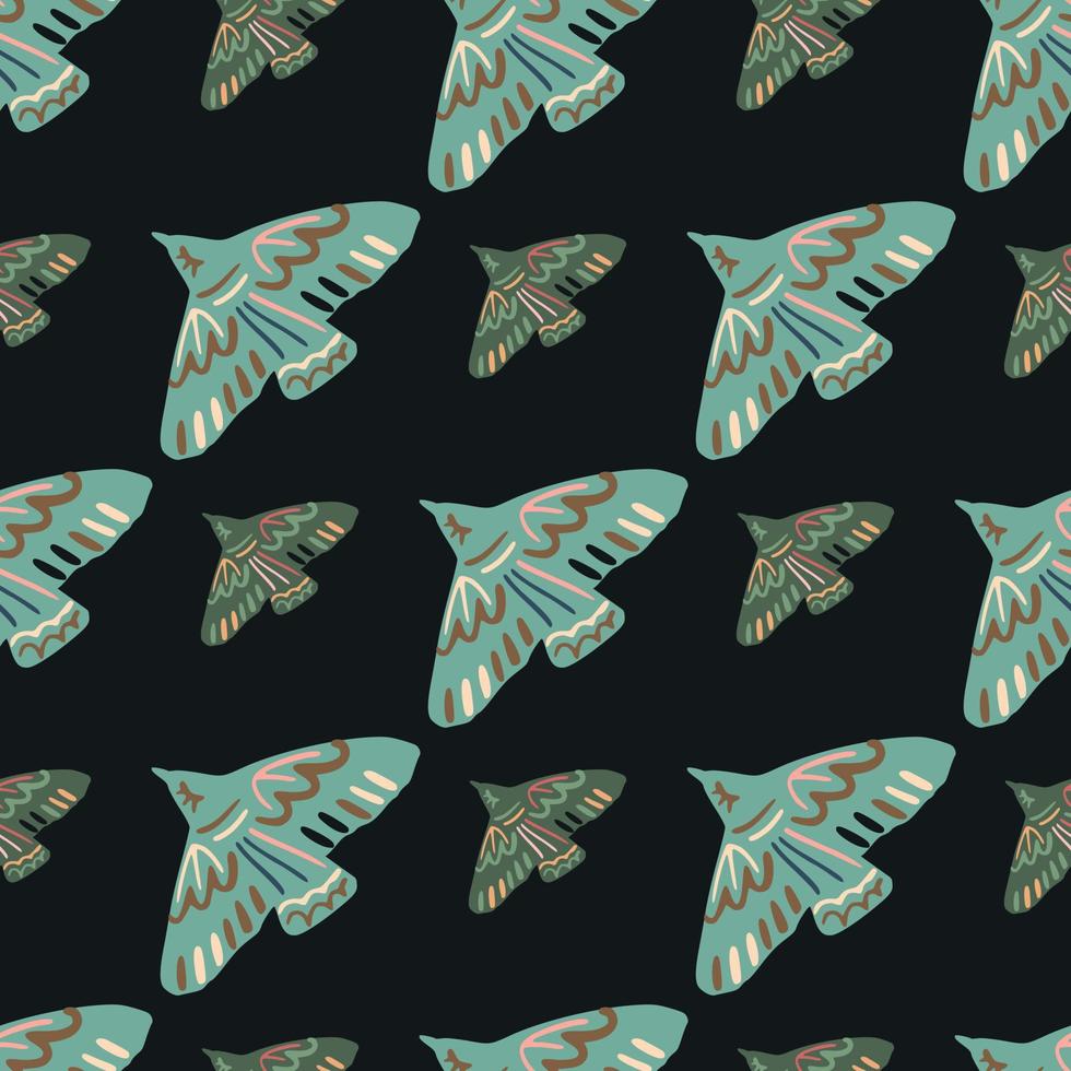 Pale blue and grey birds seamless pattern. Hand drawn silhouettes on black background. vector