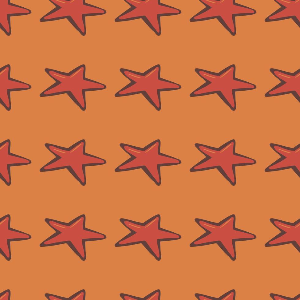 Red simple star silhouettes seamless doodle pattern. Stylized space geometric ornament on orange background. vector