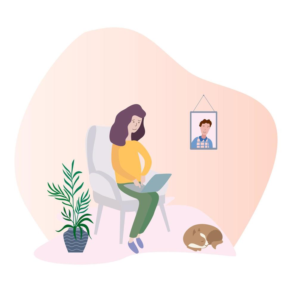 mujer joven con cuaderno y gato en silla en casa. ilustración vectorial de estilo plano. vector