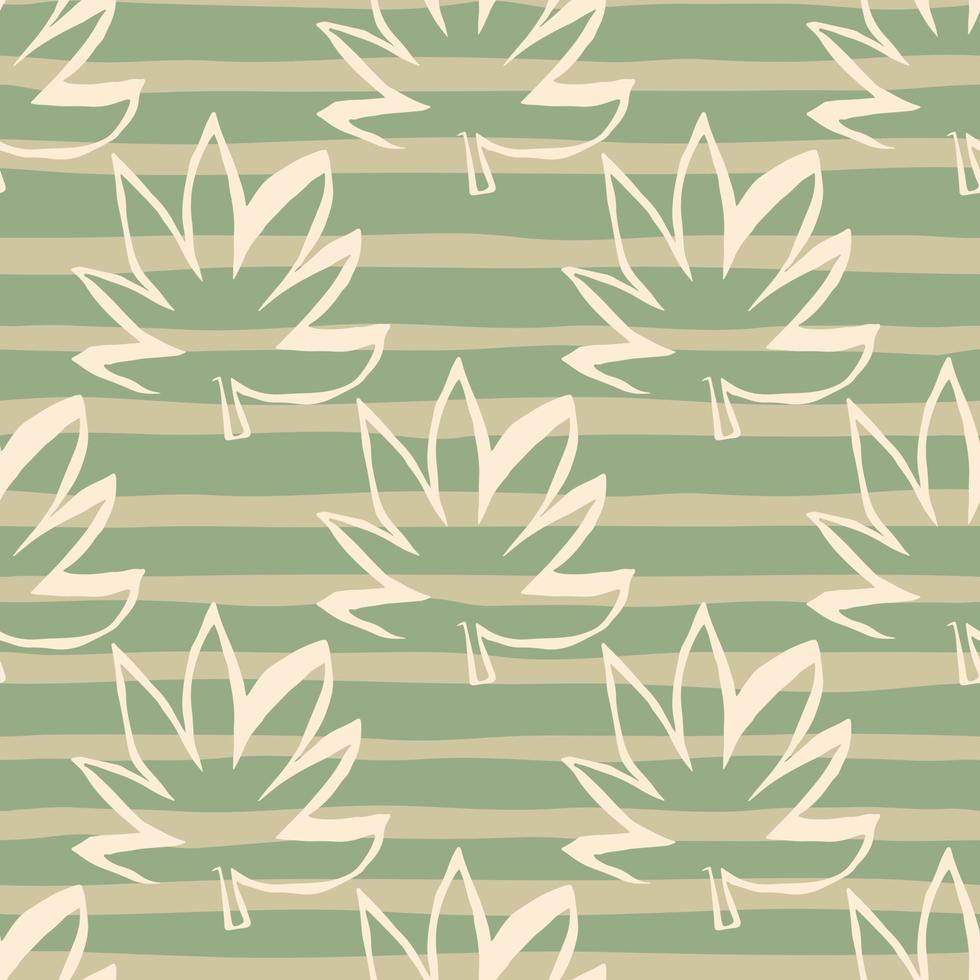 White outline hemp leaves on seamless pattern. Green background with strips. Marijuana outline silhouette endless wallpaper. vector