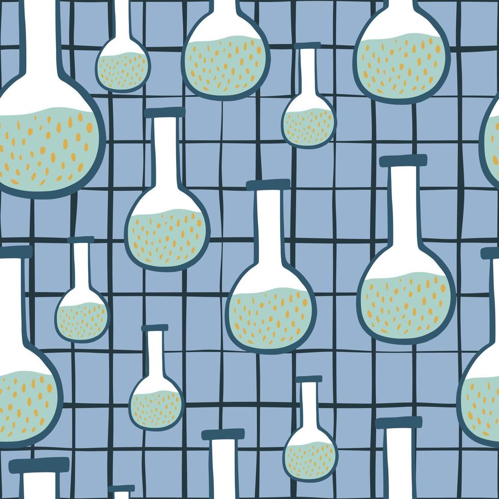 Random flask silhouettes seamless doodle pattern. Blue chequered background. vector