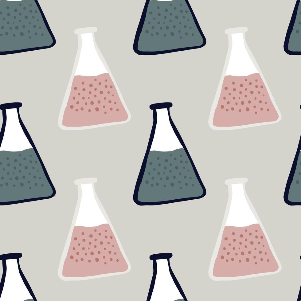 Hand drawn pink and navy blue pale flask ornament seamless pattern. Labaratory chemical print with grey background. vector