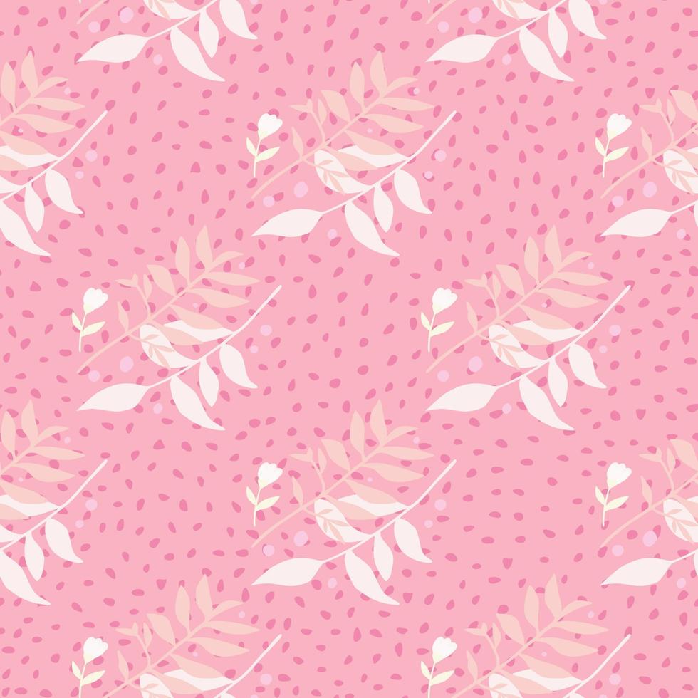 Tender floral seamless doodle pattern with foliage bouquets. Forest branches in white color on pink dotted background. vector
