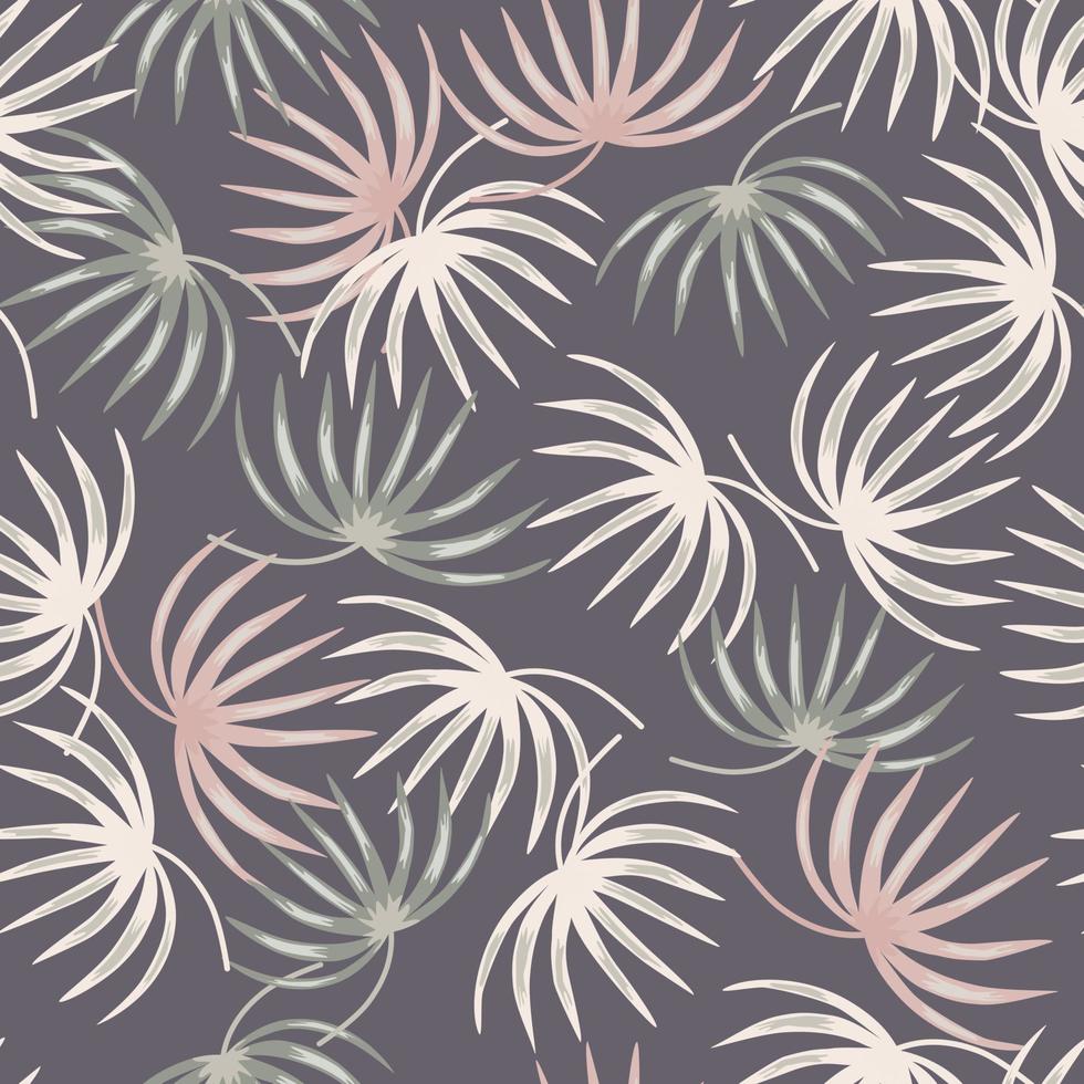 Pastel colores tropic leaf shapes seamless pattern in doodle style. Pale purple background. Nature backdrop. vector