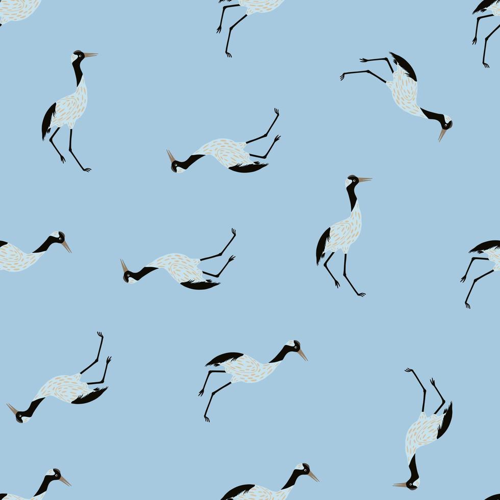 patrón sin costuras de animales dibujados a mano con estampado de pájaros de grúa abstractos aleatorios. fondo azul. diseño simple. vector