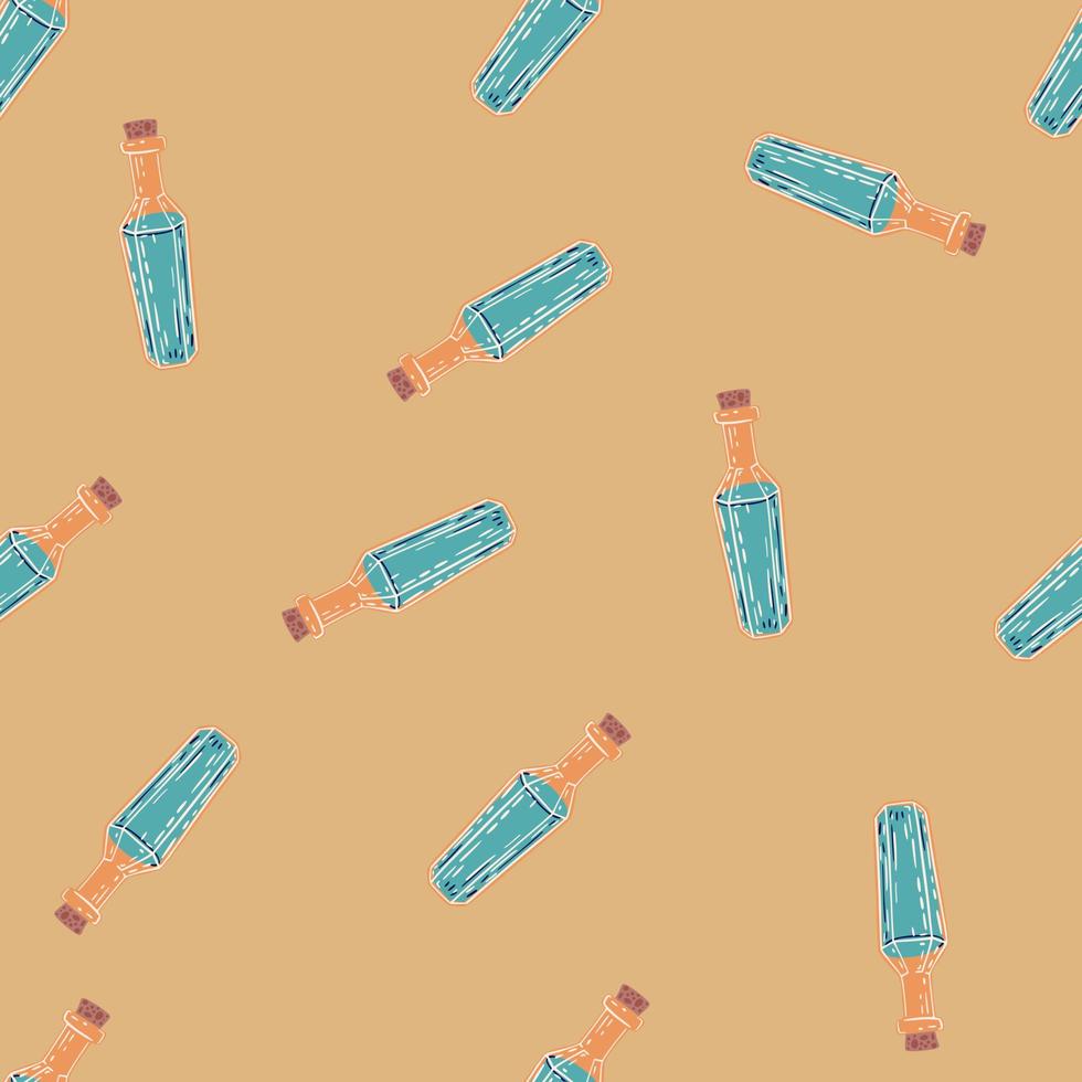 Random seamless pattern with magic potion bottle blue elements. Beige background. vector