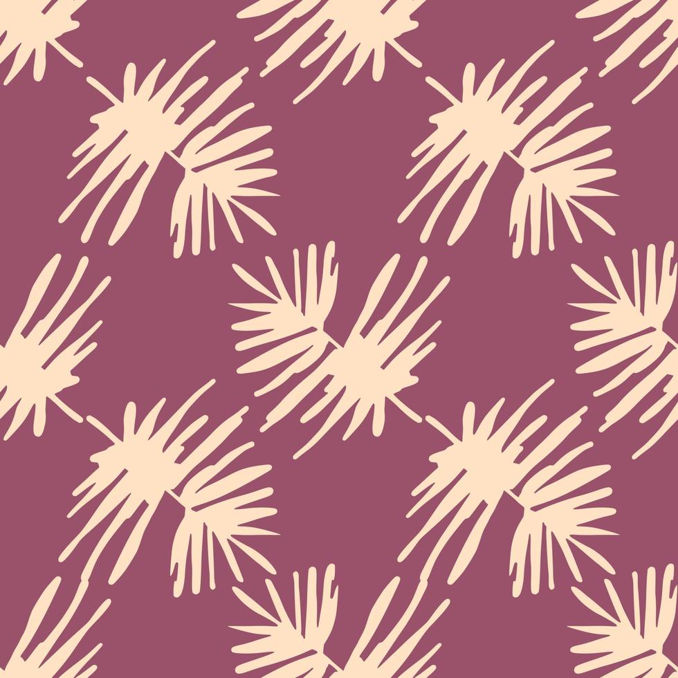 Simple tropic leaves seamless pattern. Purple background with light yellow random floral shapes. vector
