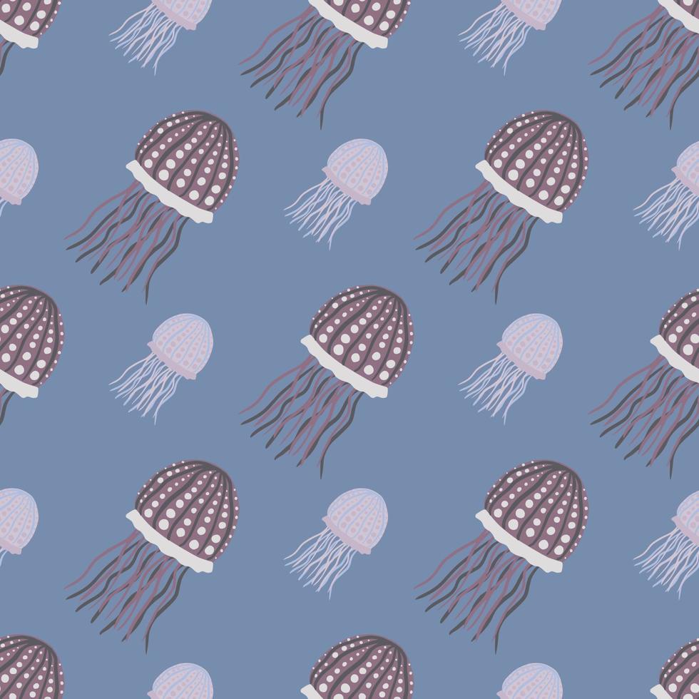 Pastel seamless pattern with underwater animals silhouettes. Jellyfish simple diagonal ornament on blue background. vector