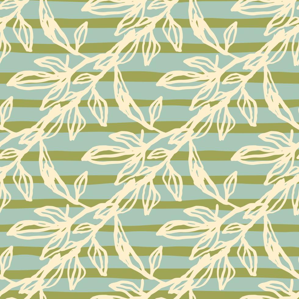 Yellow outline branches seamless floral pattern. Green and blue stripped background. Floral backdrop. vector