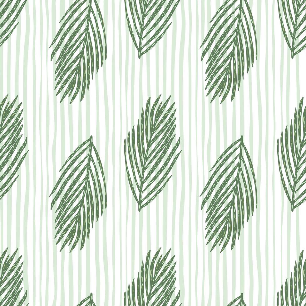 December decor seamless pattern with green foliage fir branches. Light grey striped background. vector