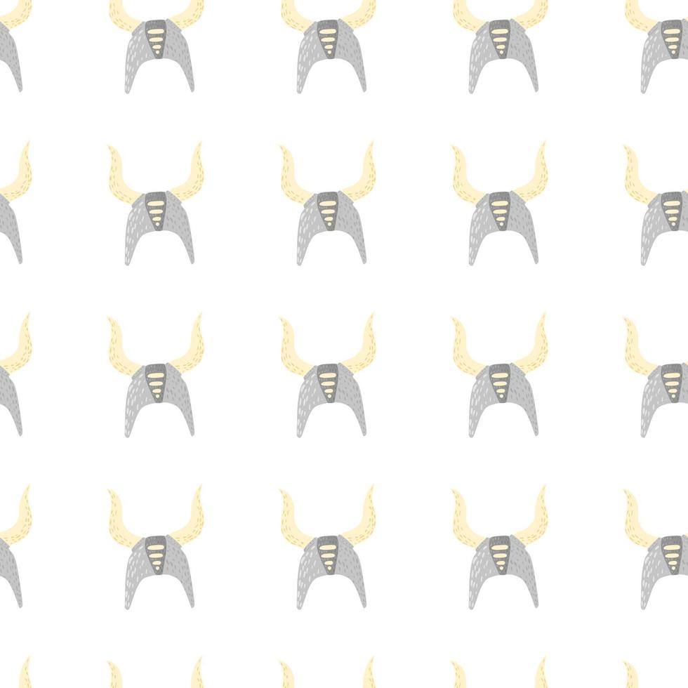 Seamless isolated pattern with ancient viking helmet elements. Cartoon repeat swedish armor elements in pastel tones on white background. vector