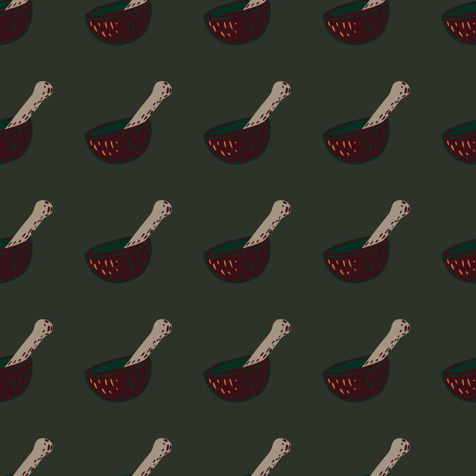 Doodle seamless pattern with simple mortar and pestle print. Green olive background. vector