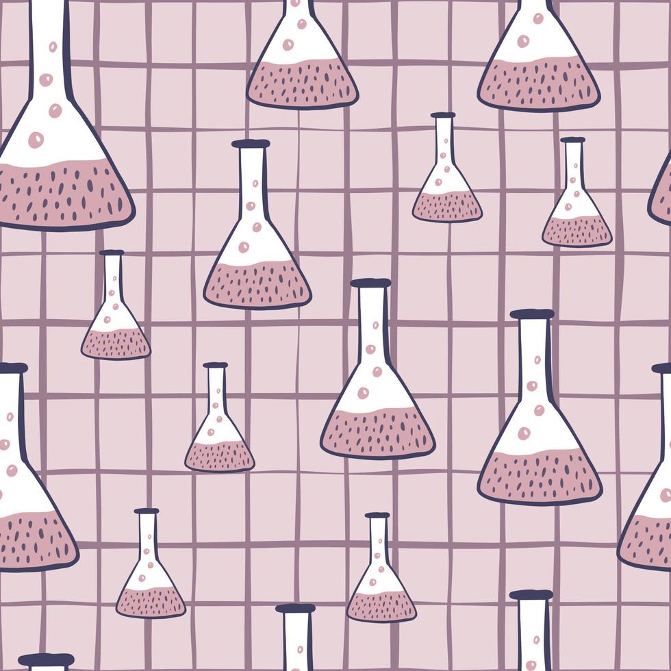 Random seamless chemistry pattern with glass bulb silhouettes. Simple flask print on chequered background. Lilac palette artwork. vector