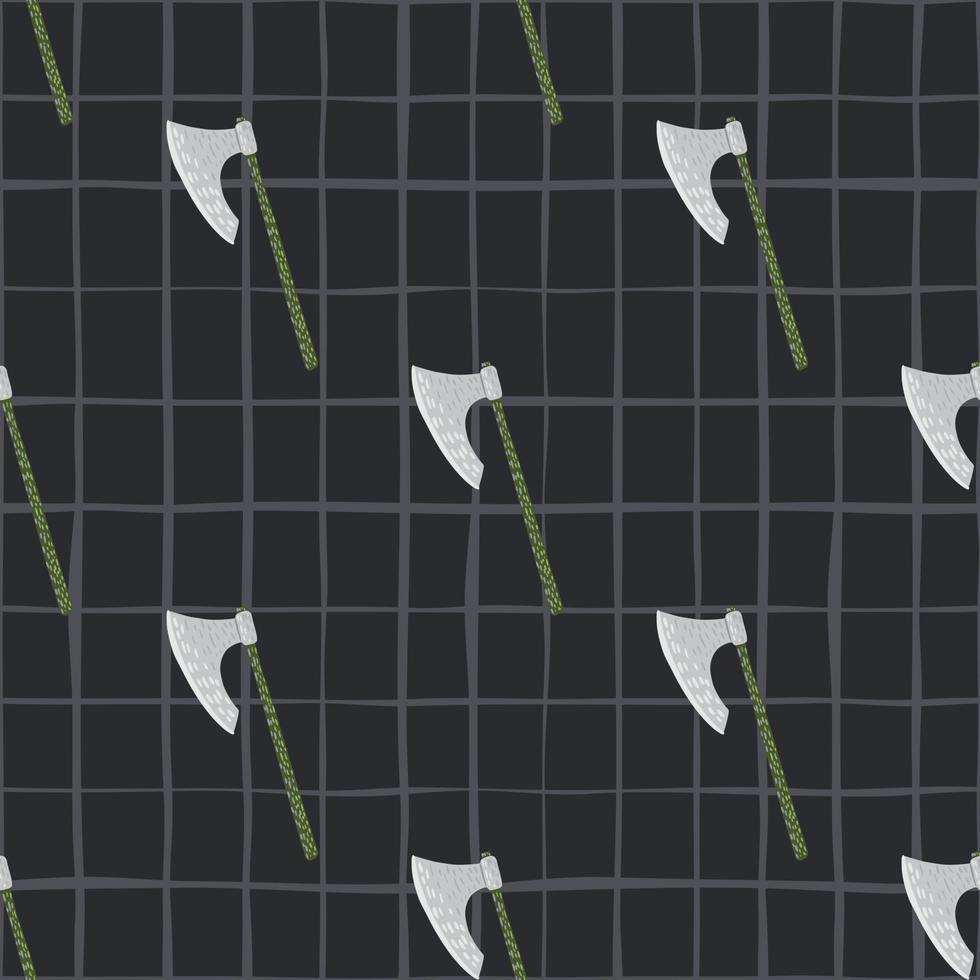 Seamless dark pattern with medieval viking ax shapes. Styllized old protection print on chequered background. vector
