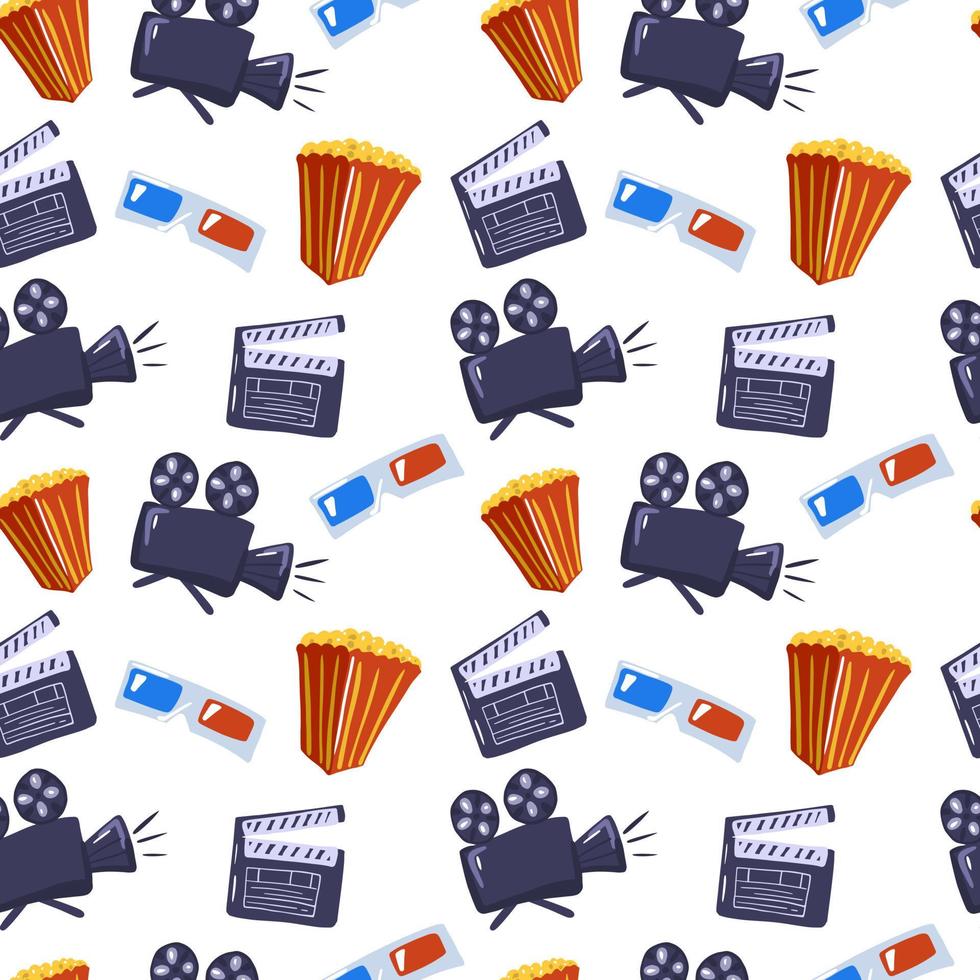Isolated seamless cinema movie pattern with doodle popcorn, camera, 3d glasses and clapperboard elements. White background, colorful details. vector