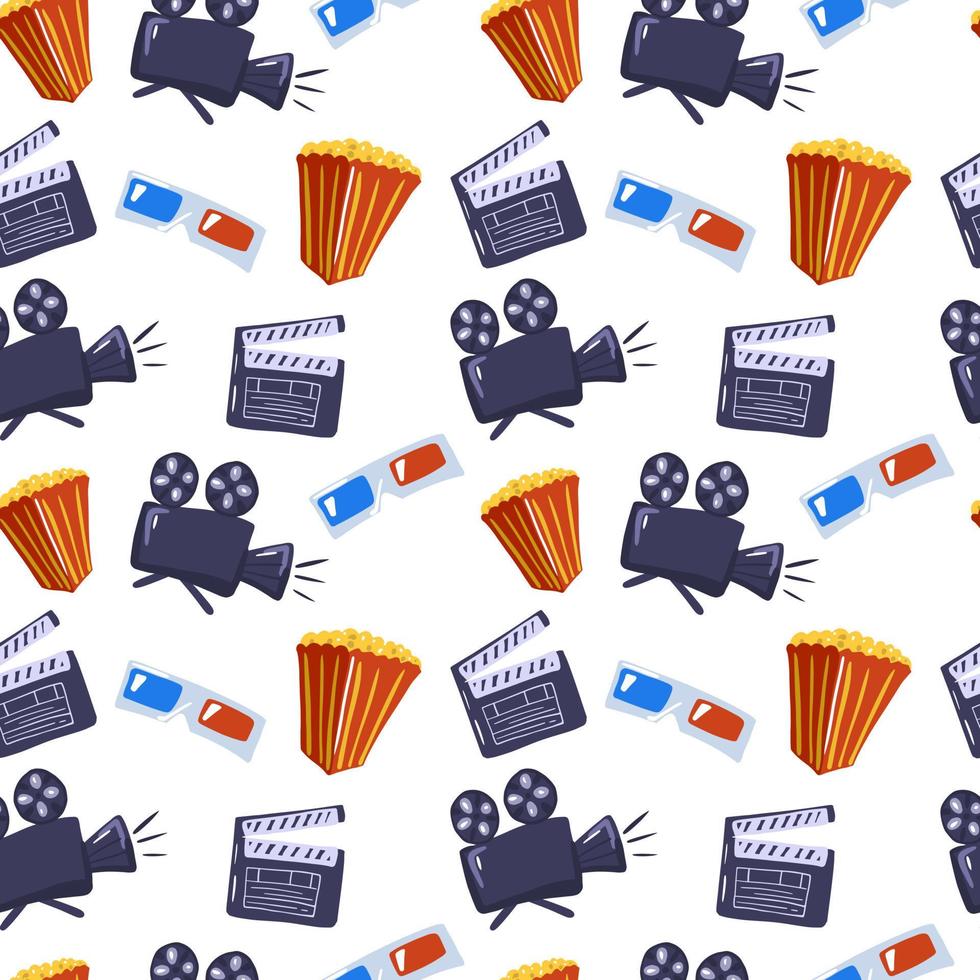 Isolated seamless cinema movie pattern with doodle popcorn, camera, 3d glasses and clapperboard elements. White background, colorful details. vector