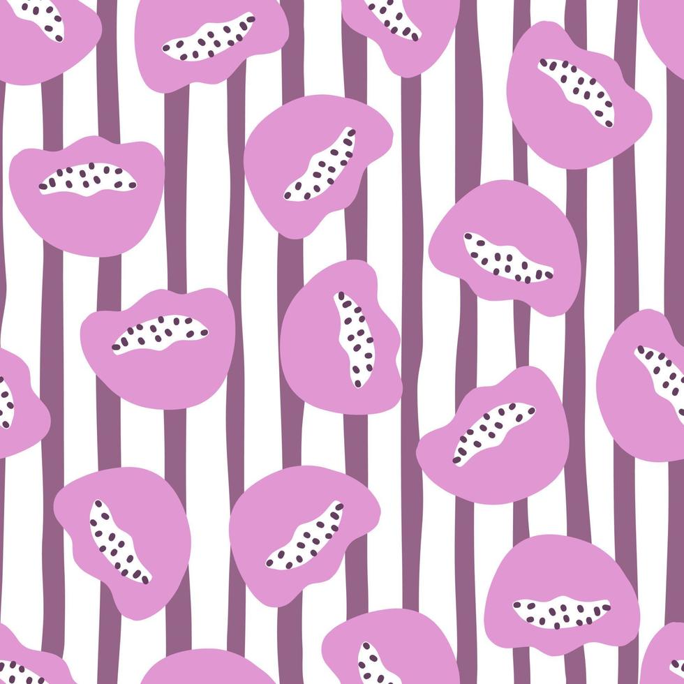 Random lilac abstract poppy flowers seamless pattern in doodle style. Striped purple background. vector