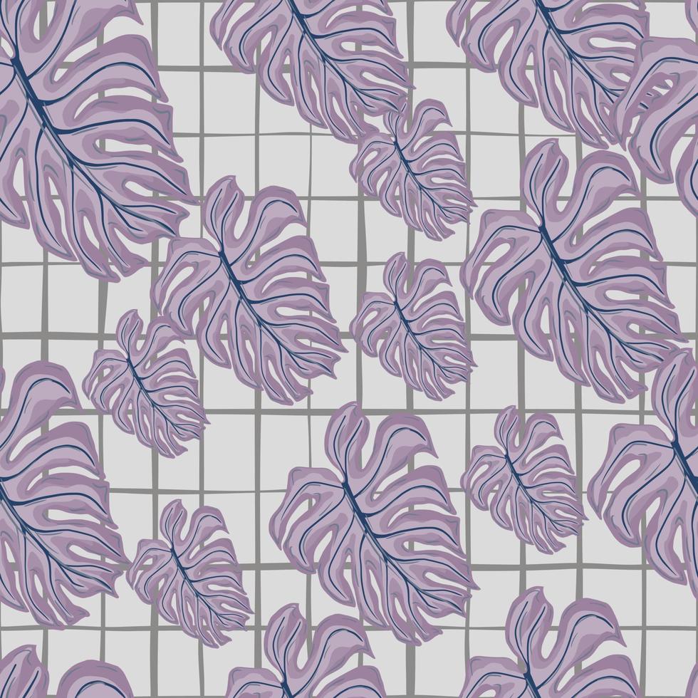 Random purple palm monstera leaf seamless doodle pattern. Grey chequered background. vector