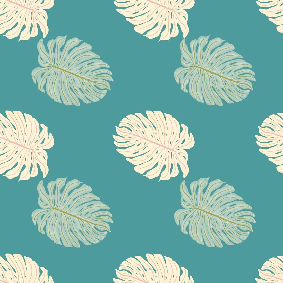 Tropical palm foliage seamless pattern with doodle pink monstera leaf shapes. Turquoise background. vector