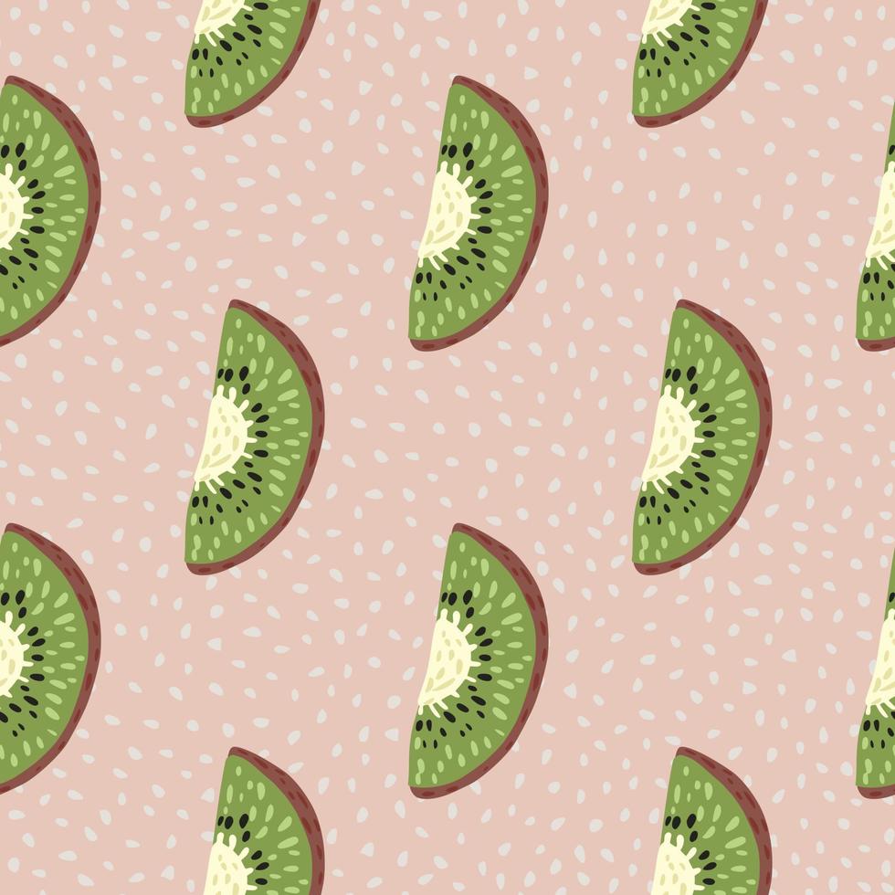Cartoon vitamin seamless pattern with hand drawn kiwi slices. Pink dotted background. vector