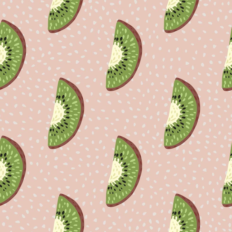 patrón sin costuras de vitamina de dibujos animados con rodajas de kiwi dibujadas a mano. fondo punteado rosa. vector