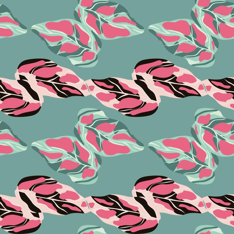 Abstract seamless bright pattern with pink and black colored monstera leaves. Light turquoise background. vector