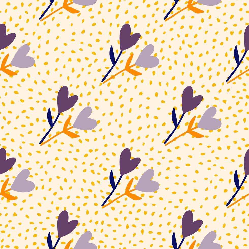 Flower hearts simple doodle seamless pattern. Light yellow background with dots. Diagonal floral ornament in blue colors. vector