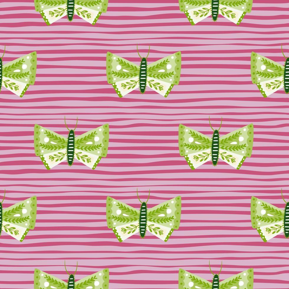 Green folk butterfly seamless pattern in hand drawn style. Pink striped background. Decorative backdrop. vector
