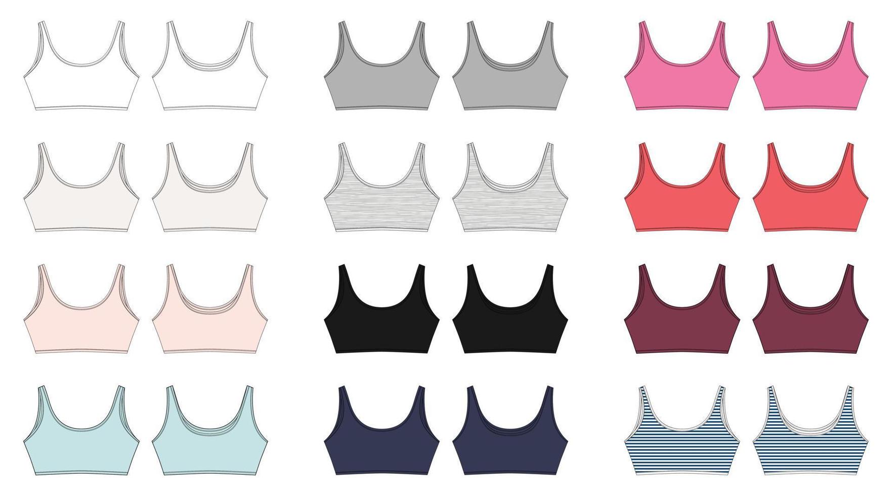 Set of technical sketch of bra for girls isolated. Yoga underwear design. White, grey, black, blue, milk, pink, red, colors melange and stripes fabric. vector