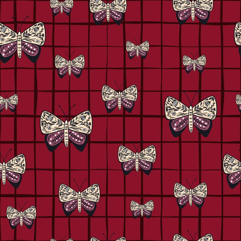 Seamless nature pattern with random folk stylized butterflies print. Red chequered background. vector