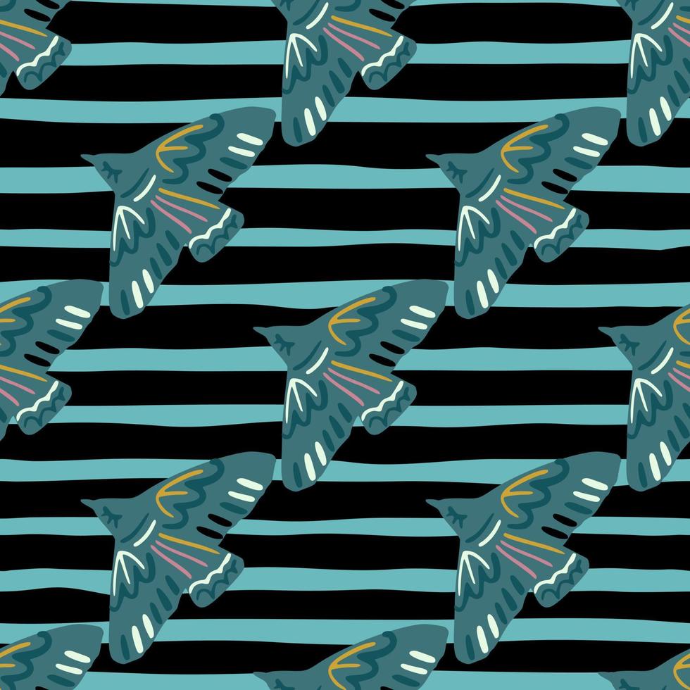 Bright contrast animal seamless pattern with birds ornament. Blue flying seagulls on background with black and turquoise lines. vector