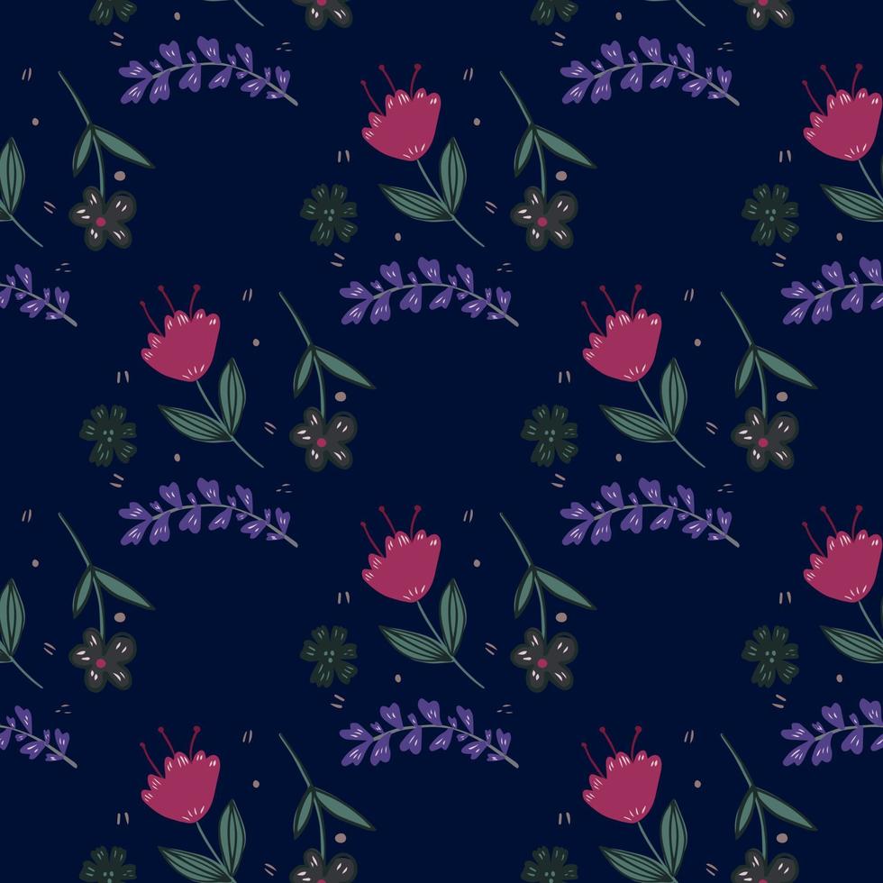 Seamless pattern with folk motif on black background. Cute little flowers wallpaper in vintage style. vector