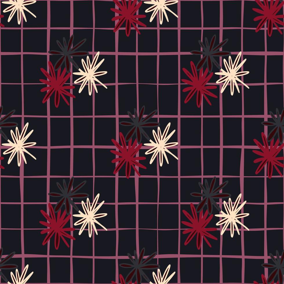 Dark seamless doodle pattern with white, red and black daisy geometric silhouettes. Stylized simple print with chequered background. vector