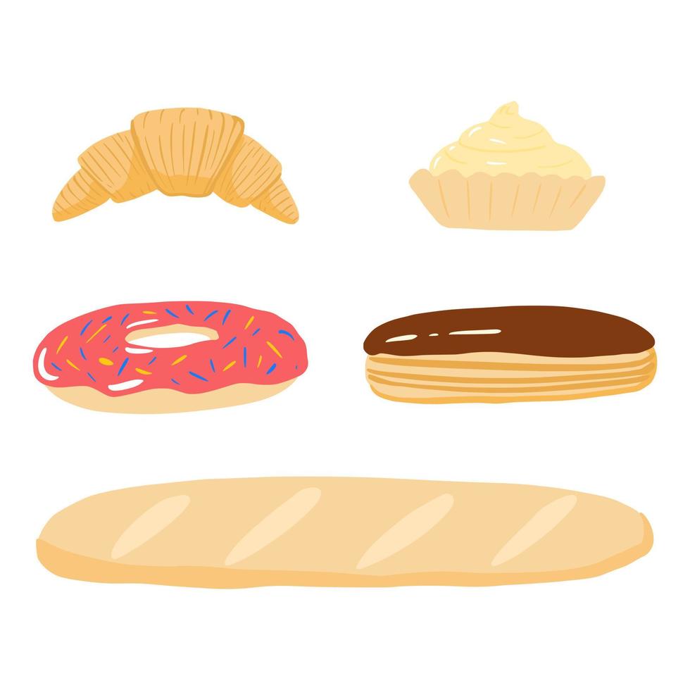 Set bakery products on white background. Cartoon baguette, doughnut, eclair, muffin, croissant in style doodle. vector