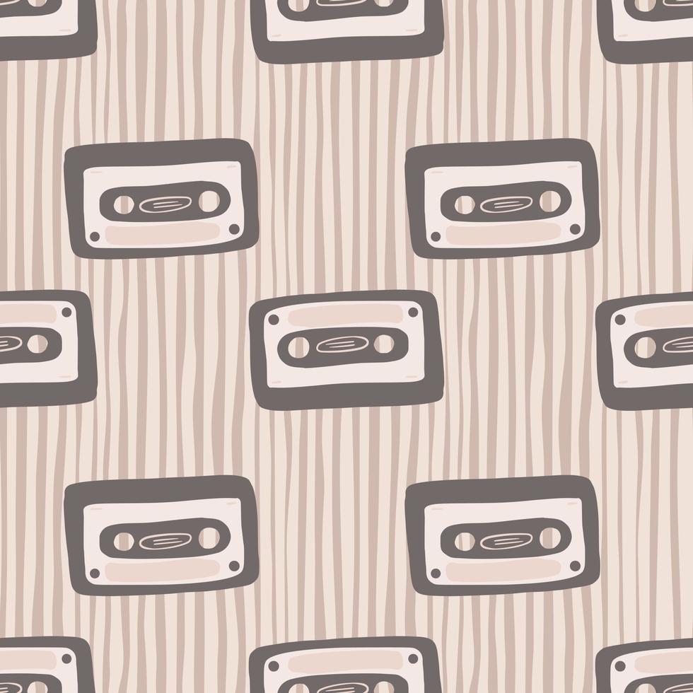 Pale seamless stylized pattern with grey cassette print. Doodle music ornament on stripped background. vector
