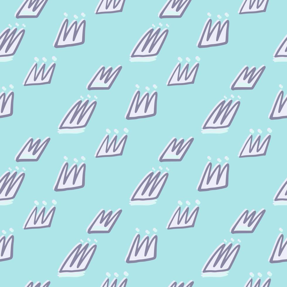 Outlined crown ornament seamless doodle pattern. Simple design with bright blue background. vector