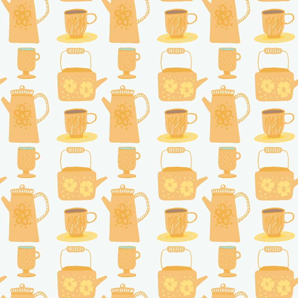 Isolated seamless summer teapot pattern. Kettle elements in bright orange color on white background. vector