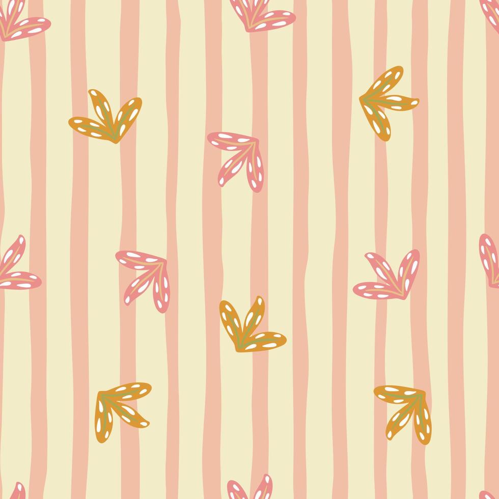 Nature seamless pattern with random abstract leaf silhouettes print. Pink pastel striped background. vector
