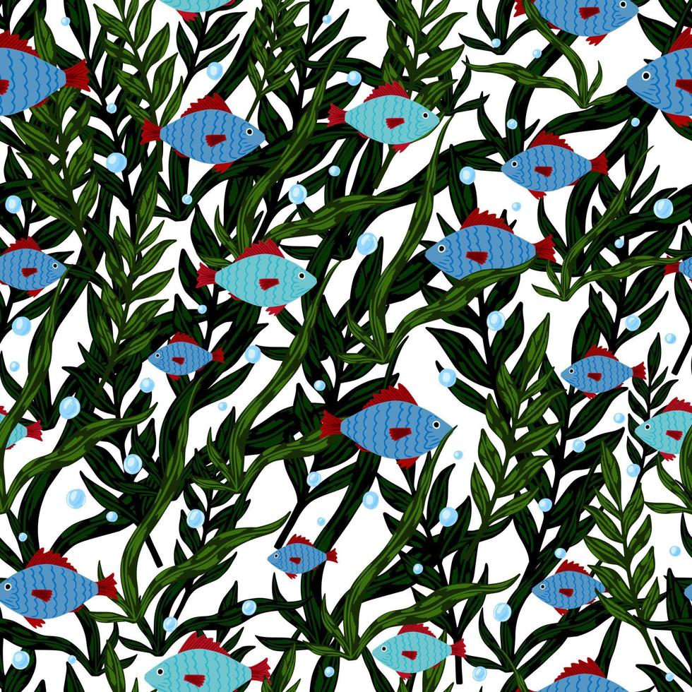 Random seamless pattern with doodle blue fish silhouettes and green seaweeds. Isolated print with white background. vector