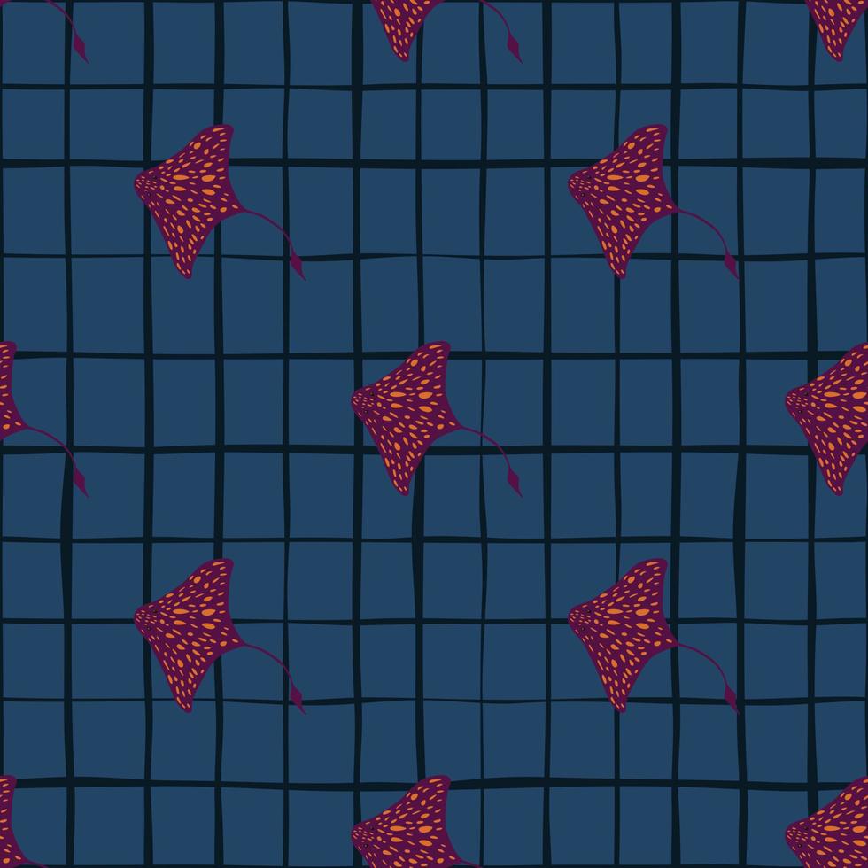 Purple spotted stingray elements seamless pattern in doodle style. Navy blue background with check. vector