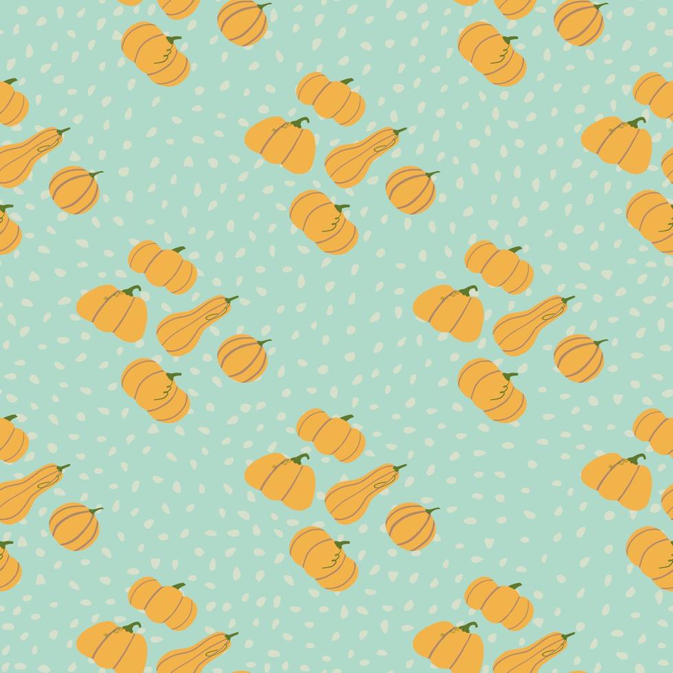 Seamless food pattern with orange pumpkin doodle ornament. Soft blue background with dots. vector