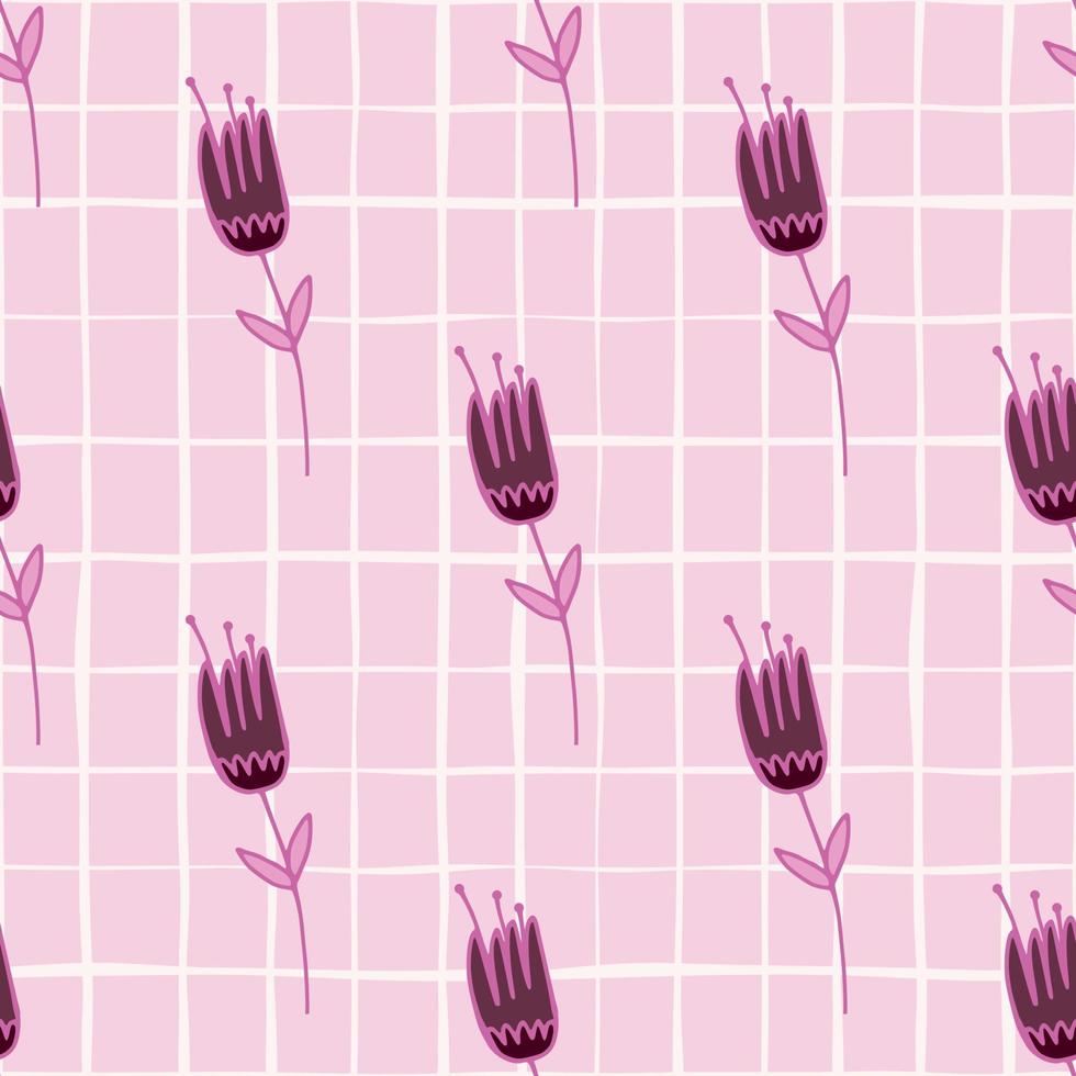 patrón sin costuras de tulipanes de contorno púrpura botánico. fondo a cuadros rosa pastel claro con elementos contorneados brillantes. vector