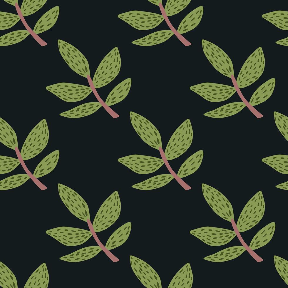 Doodle branches with leaves seamless pattern on black background. Decorative ornamental spring endless wallpaper. vector
