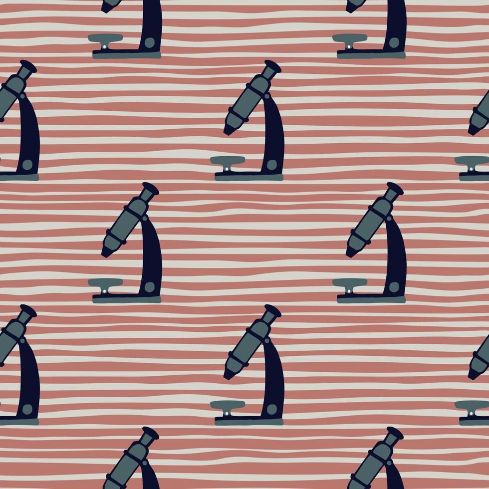 Dak navy blue scopes silhouettes seamless pattern. Doodle labaratory equipment on striped maroon background. vector