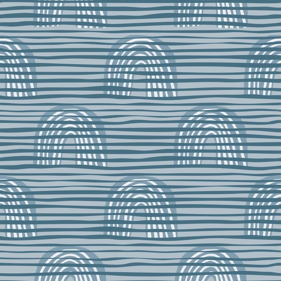 Scandinavian seamless pattern with rainbows and horizontal lines in blue colors. White lined background. vector