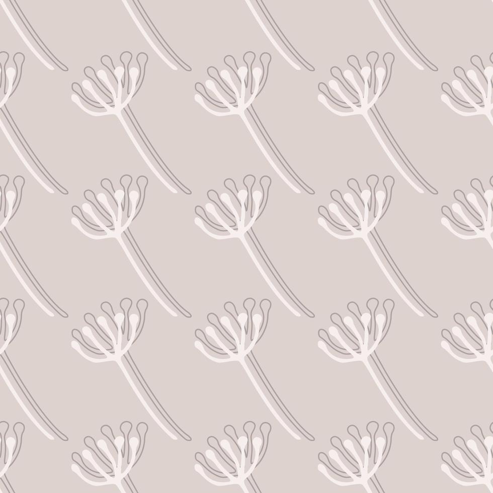 Seamless pastel botanic pattern with white outline dandelion flowers silhouettes. Light background. Floral artwork. vector