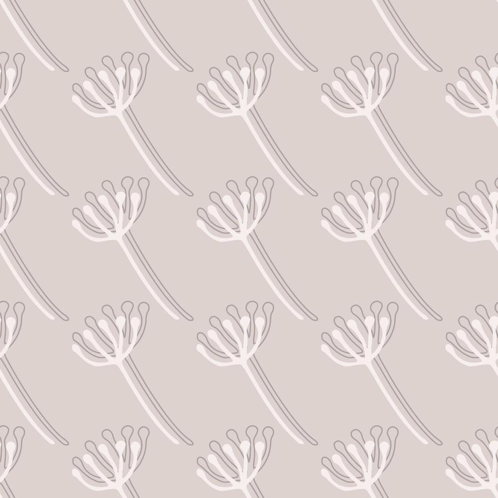 Seamless pastel botanic pattern with white outline dandelion flowers silhouettes. Light background. Floral artwork. vector